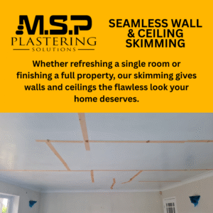 Skimmed ceiling with taped sections showing preparation before plastering